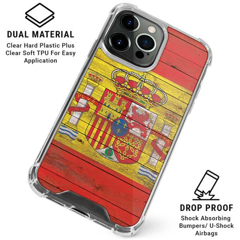 Spain Flag Dark Wood iPhone 16 Pro Max Clear Case